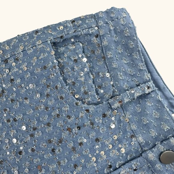 Women Sequined Denim Straight Leg Jeans Pants Size US M/6 High Waist Ripped - Picture 12 of 16